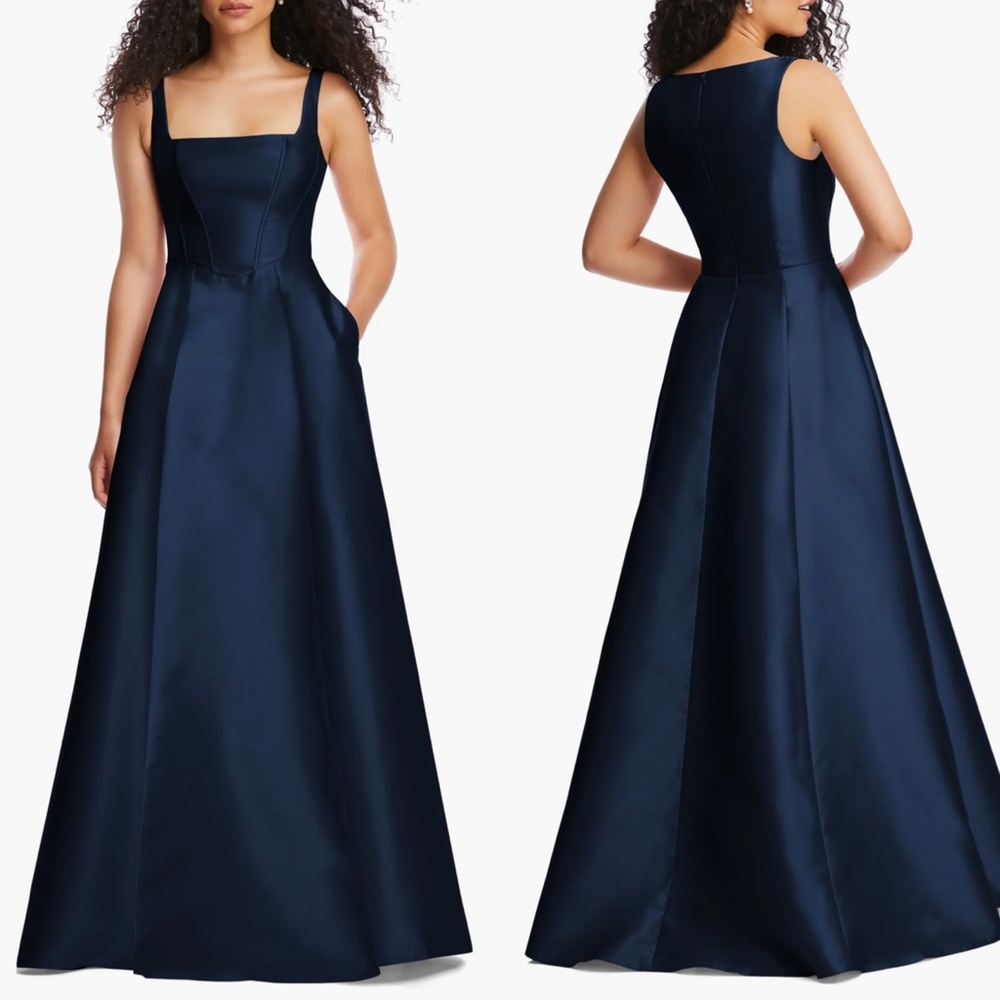 NEW D844 Alfred Sung MIDNIGHT Navy SQUARE NECK Corset SATIN Bridesmaid GOWN